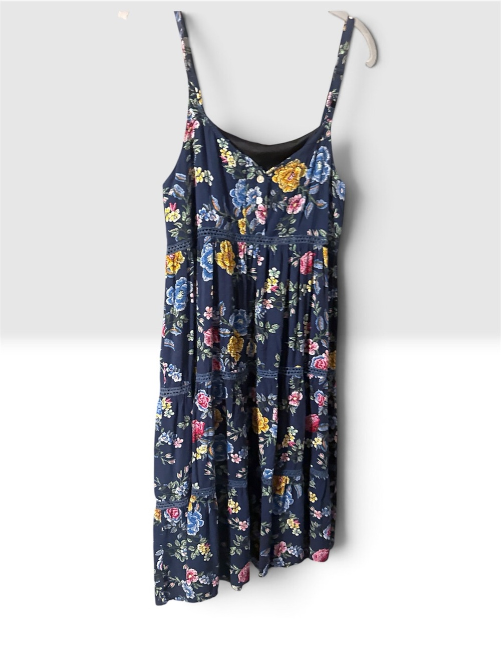 Navy Rayon Floral Tier Sundress with Spaghetti Straps crochet Trim